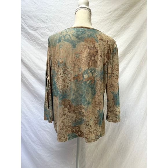 No Boundaries Top 1X Teal Brown Floral V-Neck 3/4 Sleeve Boho Blouse y2k 2000s - Picture 2 of 7